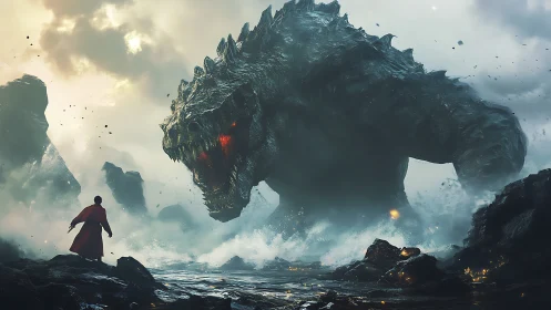 Solitary cloaked figure confronting colossal lava-scaled leviathan
