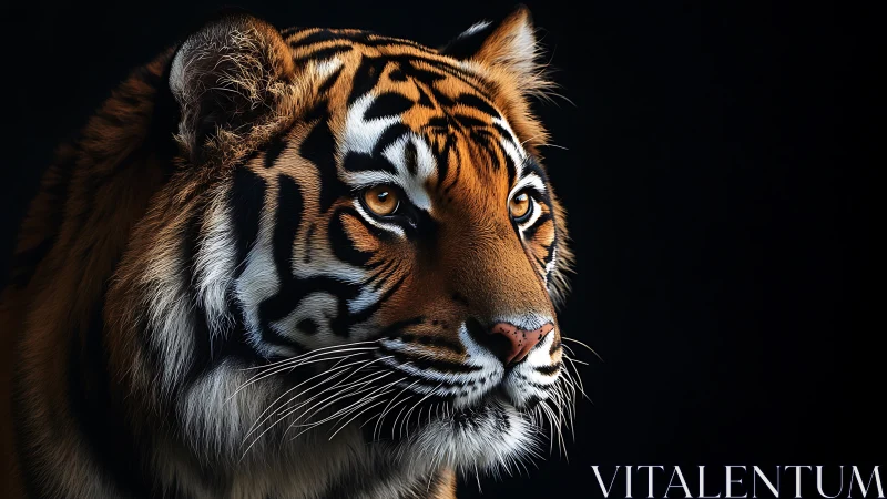 Profile view of a Bengal tiger against dark background.