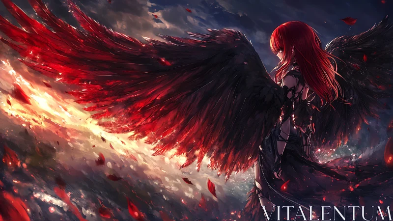 Crimson-winged guardian pausing between dusk and flame.