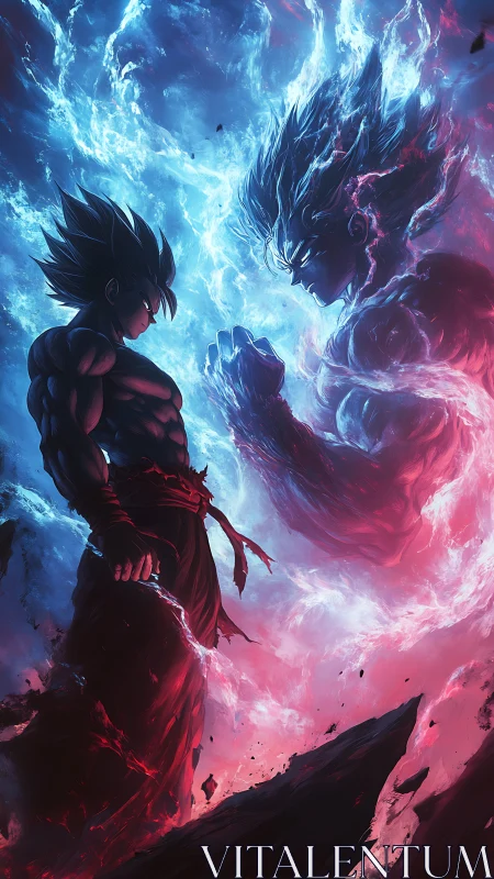 Energy warrior faces spectral rival in split blue red storm.
