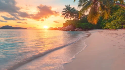 Tropical Beach Sunset with Palm Trees and Rock Formation.