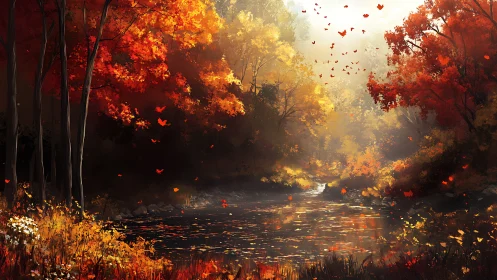 Luminous Autumn Forest Stream with Volumetric Atmospheric Effects