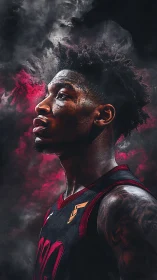 Intense basketball portrait in smoky crimson atmosphere.