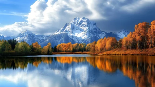 Snowcapped mountain mirrored in autumn forest lake panorama.