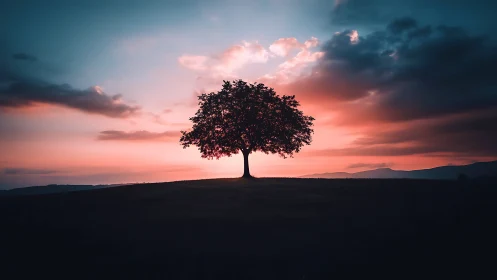 Lone Tree Silhouette at Sunset with Dramatic Colorful Sky.