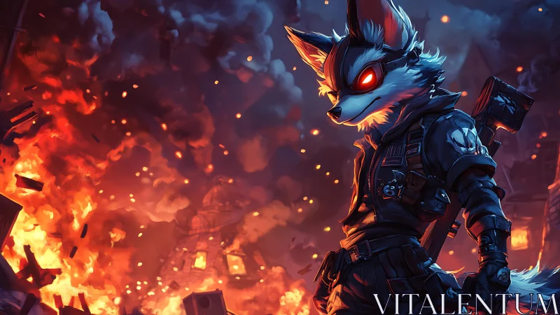 Defiant fox warrior stands bold against a blazing city night