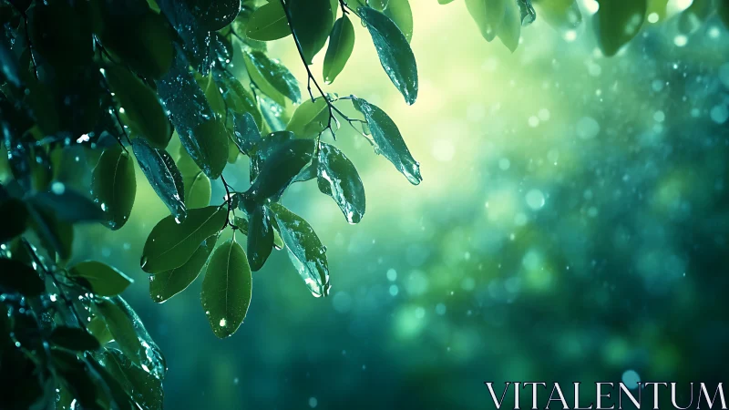Rain-kissed emerald leaves in glowing forest hush.