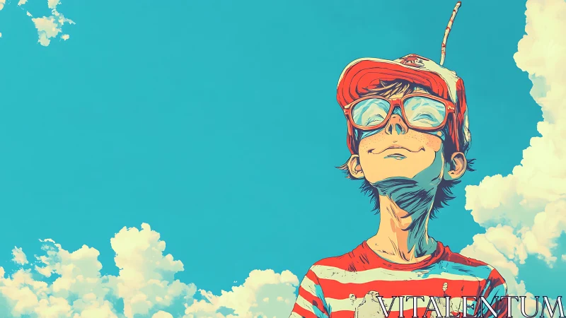 Boy in striped shirt smiling under bright blue sky.