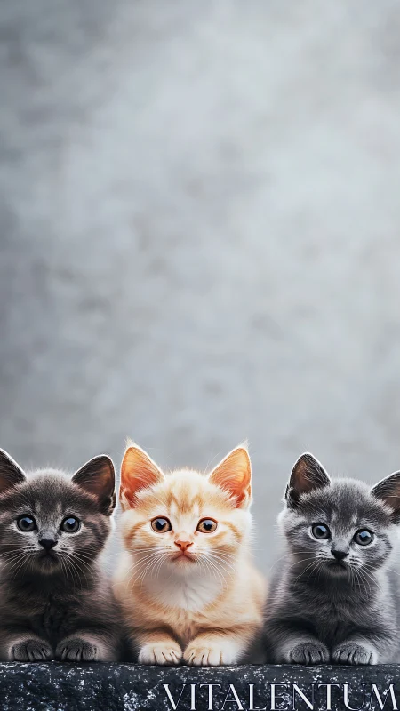 Three kittens positioned on stone ledge against overcast sky.