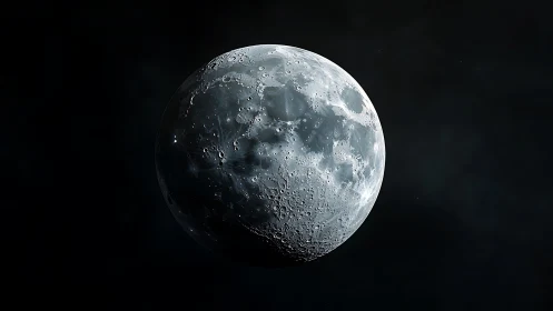 Lunar surface rendering displays detailed craters and maria