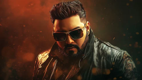 Man in leather jacket wearing sunglasses faces camera directly