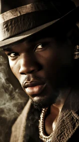 Close-up portrait of man in fedora with warm side light.