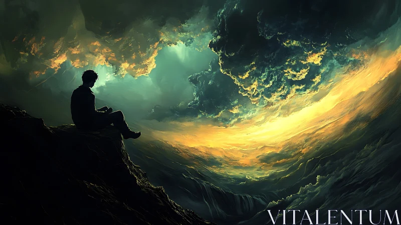 Silhouetted figure studies swirling storm vortex under dramatic light