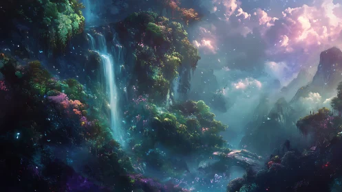 Fantasy waterfall valley with misty cliffs and dense foliage.
