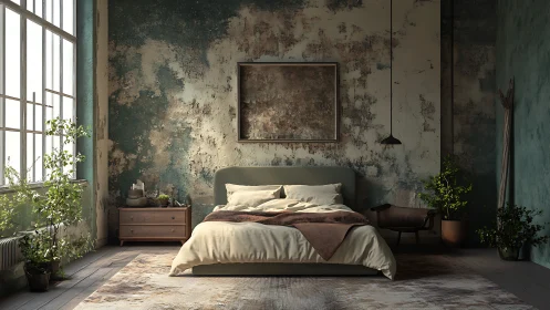 Textured bedroom with weathered walls and soft daylight.