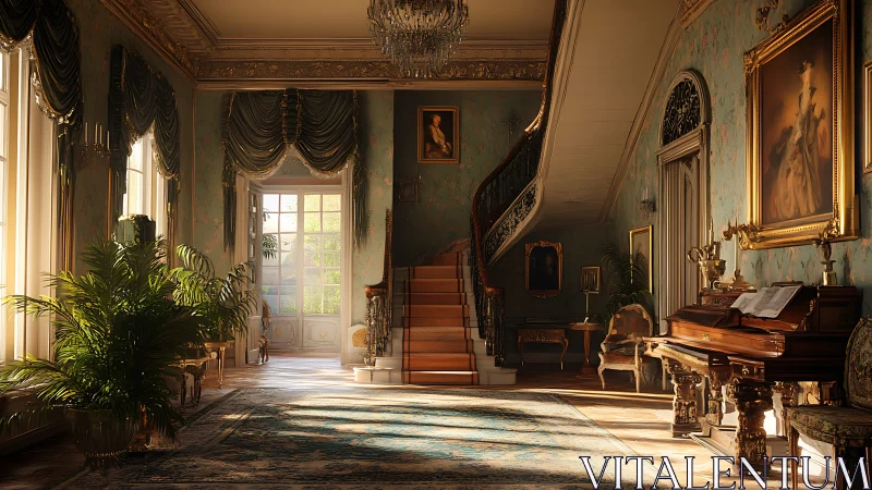 Grand salon staircase in sunlit neoclassical manor interior.