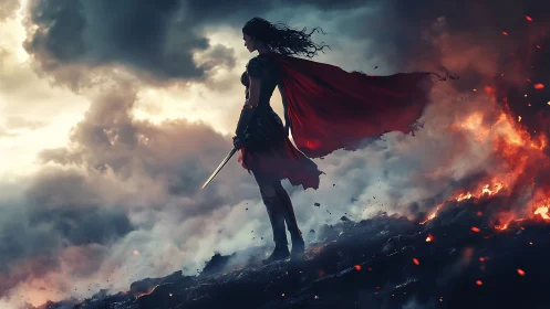 Warrior silhouette commands burning storm battlefield.