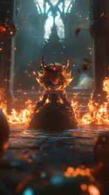 Chibi infernal monarch in cathedral-scale volumetric firefield.