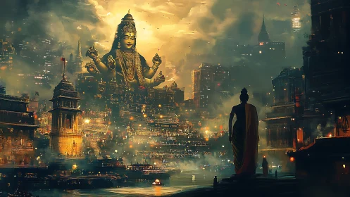 Golden deity towers above a mist-wrapped cyberpunk river city