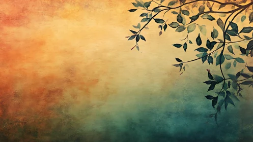 Textured gradient sky with silhouetted leafy branch motif.