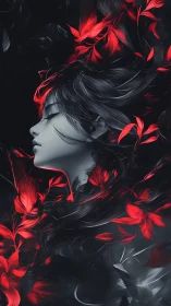 Surreal female profile wrapped in dark swirls and red leaves
