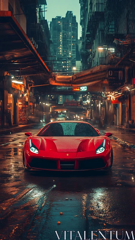 Cinematic wet-street supercar portrait in neon urban canyon.