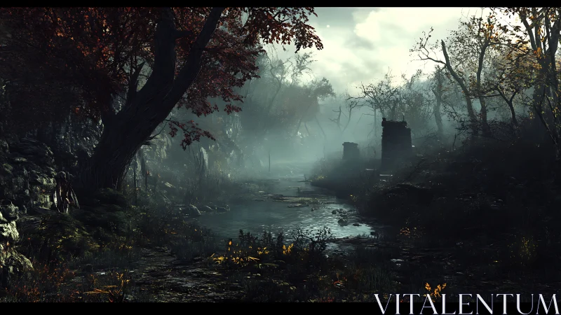 Mist veiled forest river with crumbling stone ruins at dusk.