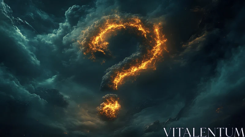 Volcanic plasma question mark suspended in turbulent storm sky.