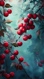 Vibrant red cherries rendered against a cool misty teal bokeh