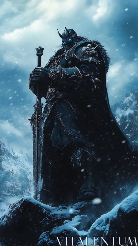 Armored frost warrior with glowing eyes in snowy peaks.