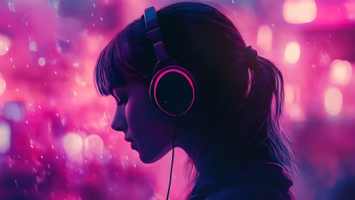 Silhouetted girl with headphones listens in neon city glow
