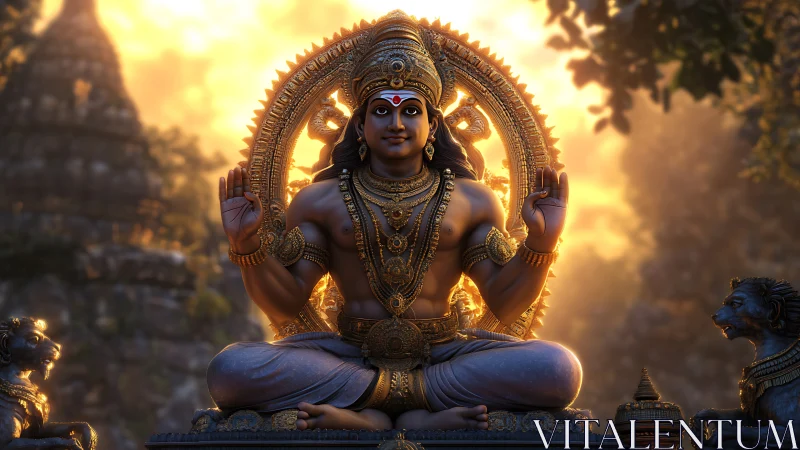 Golden Hindu deity statue in serene forest temple glow.