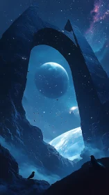 Celestial bodies framed by eroded rocky archway at night.