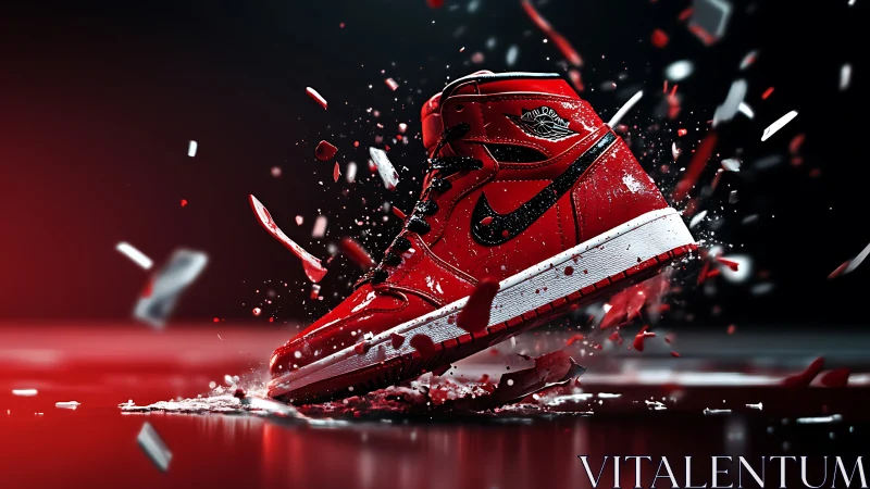 Red high-top sneaker explodes through shards in motion