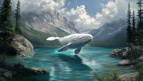 Gentle flying whale drifting over a tranquil mountain lake.