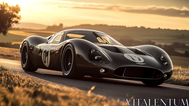 Vintage black race car on rural road at sunset period.