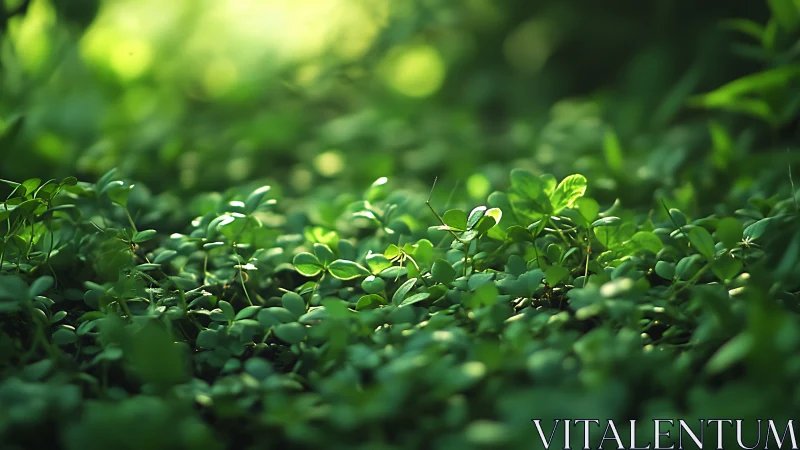 Lush Green Ground Cover in Sunlit Forest, Nature Photography.