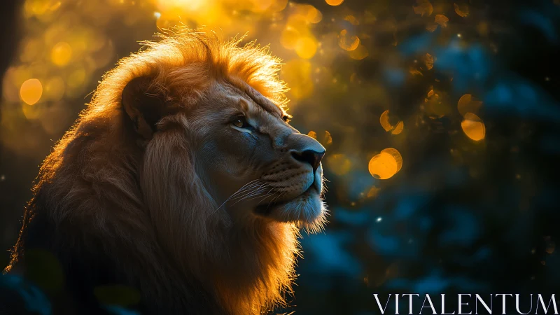 Majestic lion gazes into glowing dusk amid dreamy bokeh light