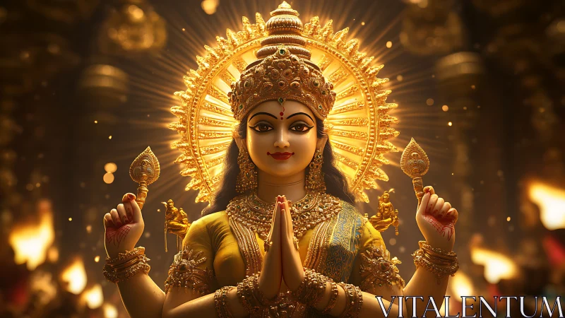 Radiant golden goddess sculpture glows in sacred temple light