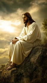 Contemplative robed figure on rocky outcrop under glowing sky