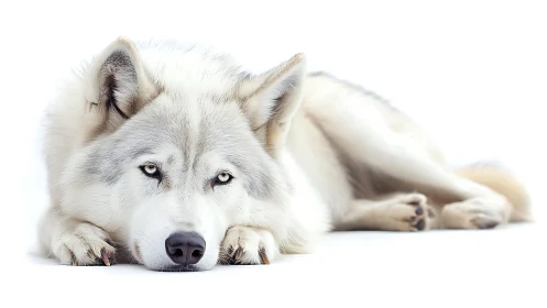 White wolf resting on high key seamless background.