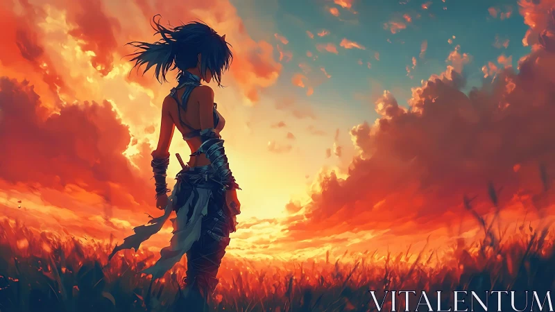 Digital painting of lone warrior silhouetted at blazing sunset.