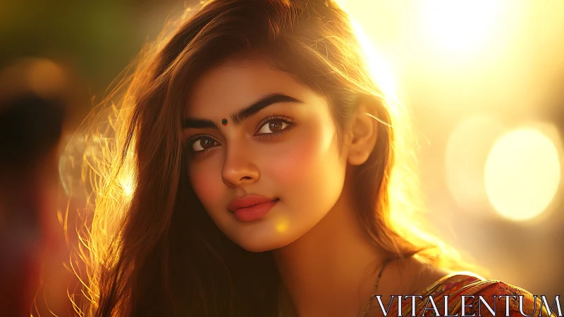 Sunlit gaze of a serene woman in golden evening bokeh glow.