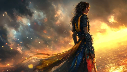 Lone warrior welcomes a glowing horizon of firelit hope.