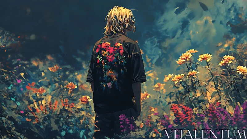 Solitary figure in illuminated flower field at dusk.