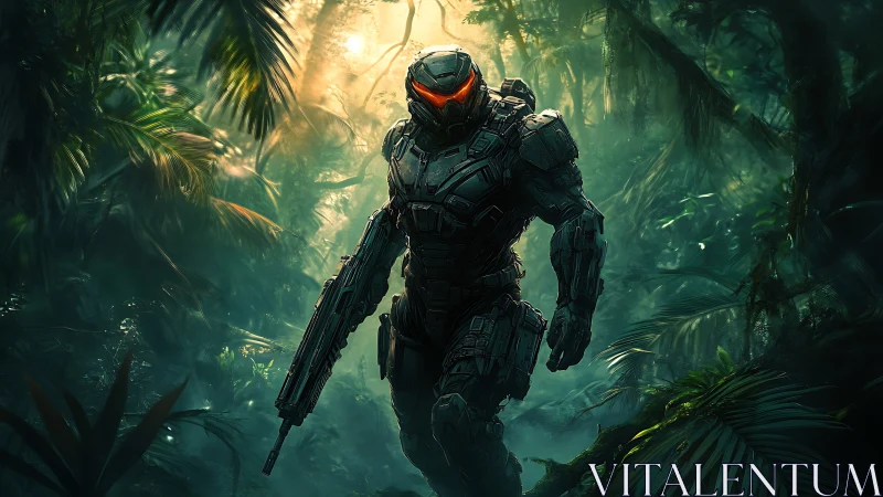 Armored cyber-soldier advances through volumetric jungle light