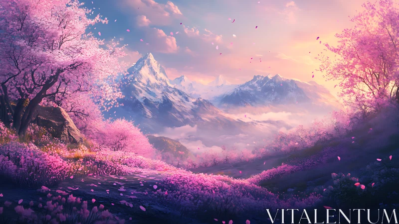 Cherry blossom valley frames distant snow covered mountain peaks