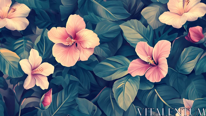 Hibiscus Blooms with Teal Foliage: Layered Digital Botanical Rendering