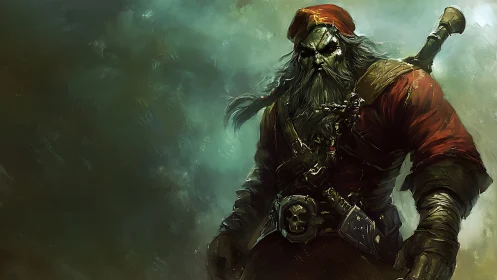 Grim undead warrior in tattered red armor and misty gloom.