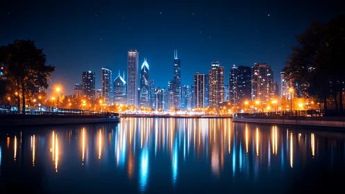 Urban skyline at night with waterfront reflections under stars.